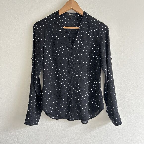 Express Black Semi Sheer Blouse Polka Dot White Leaves Size XXS Career Classic - Picture 1 of 16